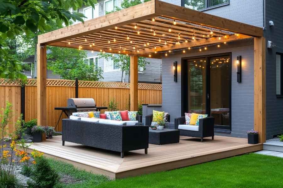 Une terrasse moderne en bois avec une pergola en bois illuminée par une guirlande lumineuse pour un éclairage cosy de sa terrasse.