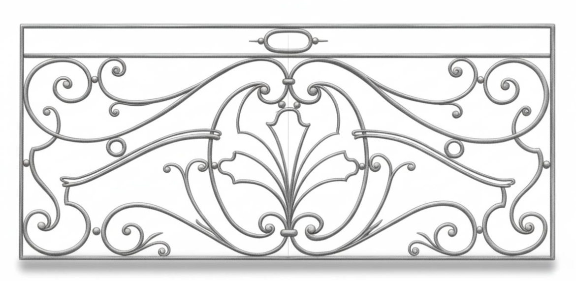 Gros plan d’un garde-corps de fenêtre fer forgé façade ornemental en métal sculpté sur fond blanc.